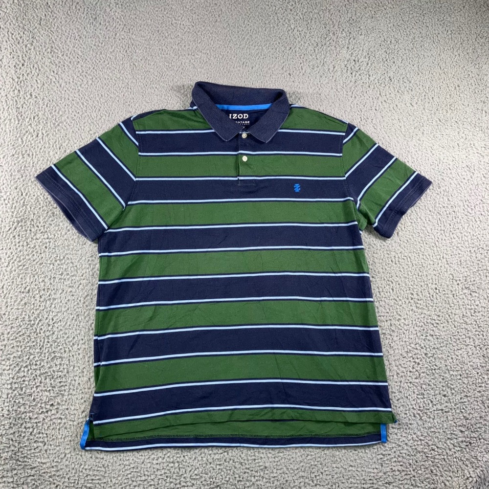 IZOD Advantage Performance Polo Men XL Blue Green Striped Rugby Casual Outdoor